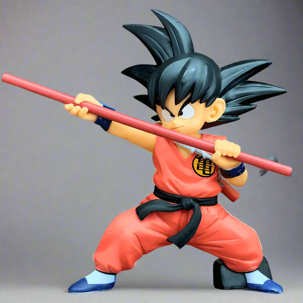 Front-facing Kid Goku figure – holding Power Pole in wide stance, classic red gi outfit.