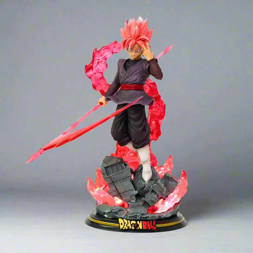 Front view of Goku Black Rose statue – pink aura and energy blade in dynamic battle stance.