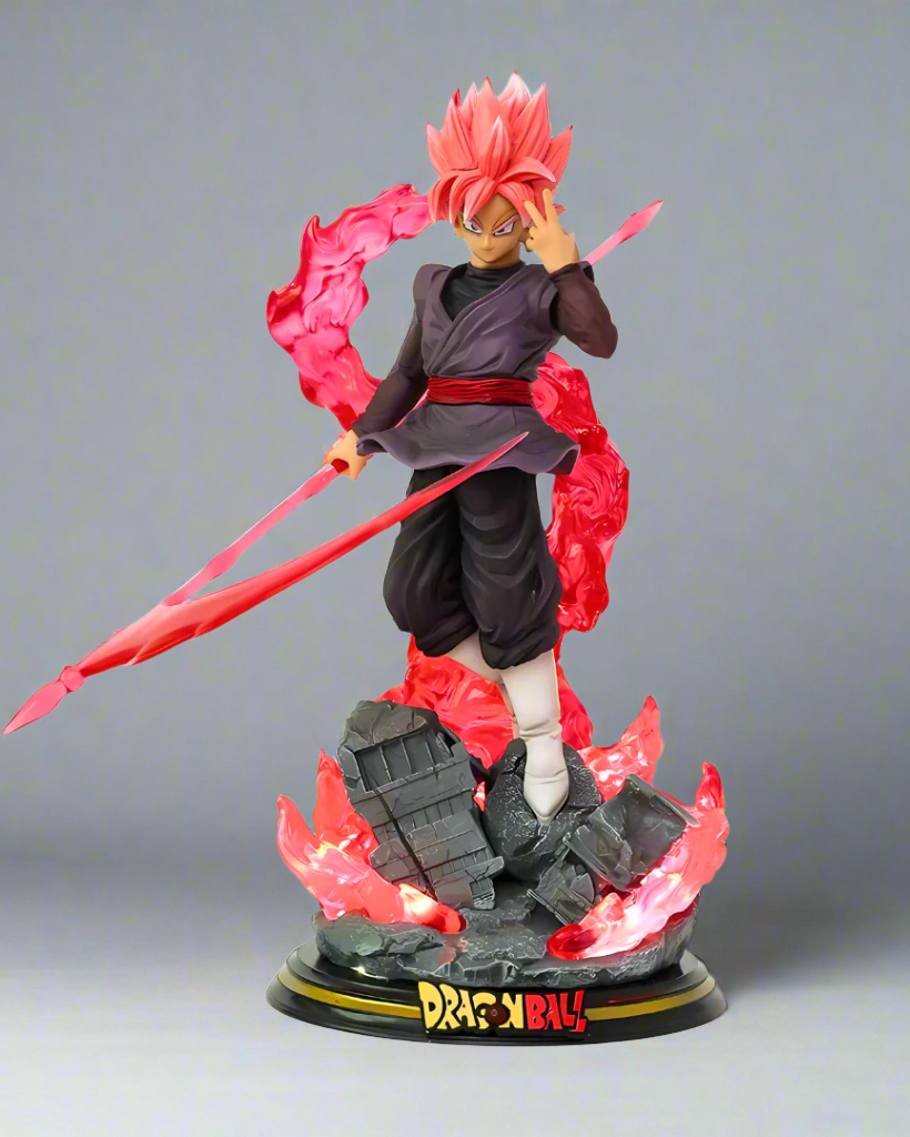 Front view of Goku Black Rose statue – pink aura and energy blade in dynamic battle stance.