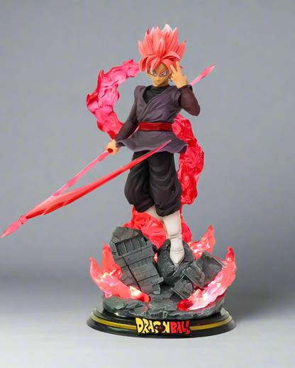 Front view of Goku Black Rose statue – pink aura and energy blade in dynamic battle stance.