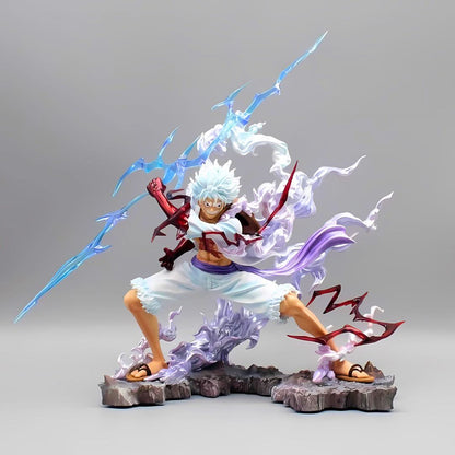 Front view of Luffy Gear 5 anime statue – dynamic Bajrang Gun pose with translucent energy effects.