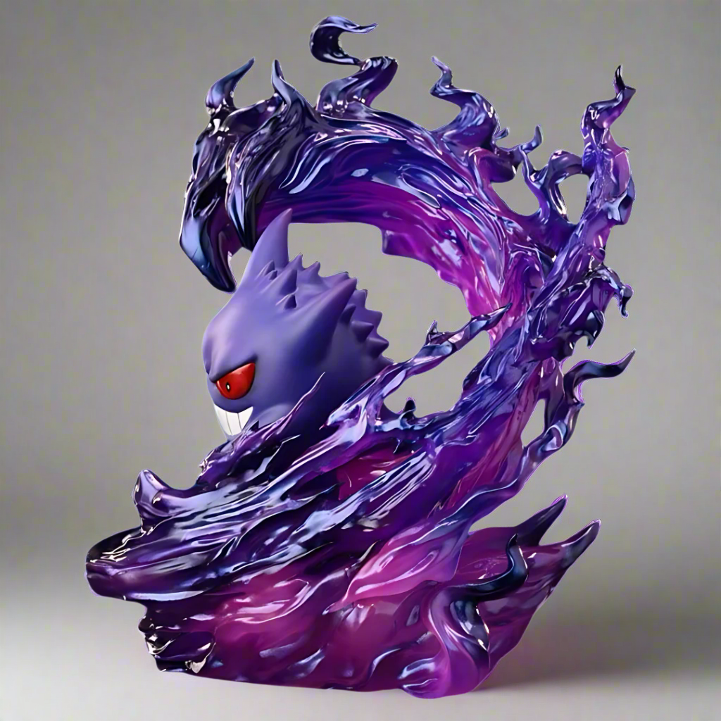 Gengar Pokémon collectible in ghostly attack stance – dramatic swirling base and intense eyes.