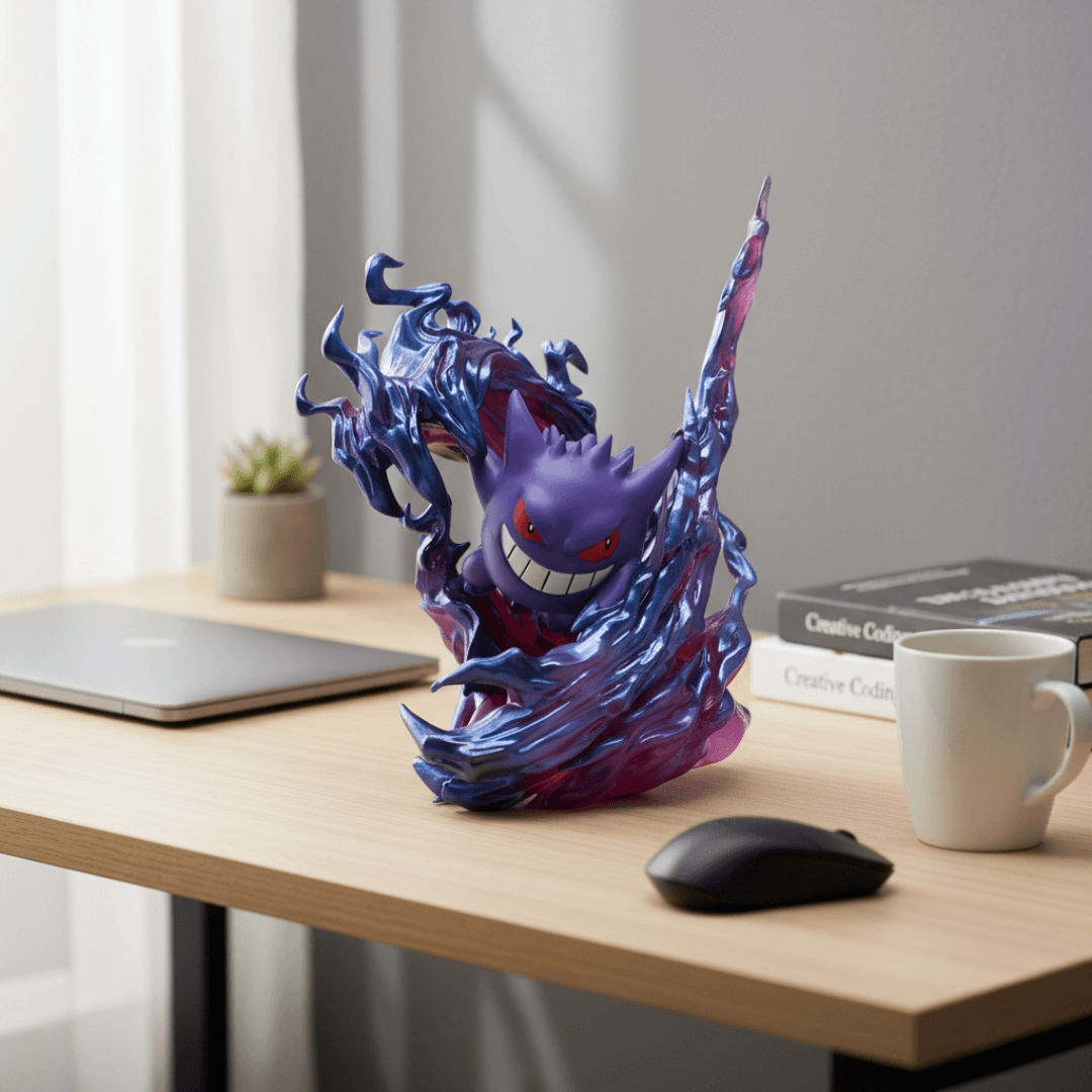Gengar anime figure on office desk – vibrant collectible perfect for Pokémon fans and workspace decor.