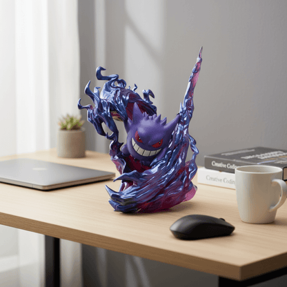 Gengar anime figure on office desk – vibrant collectible perfect for Pokémon fans and workspace decor.