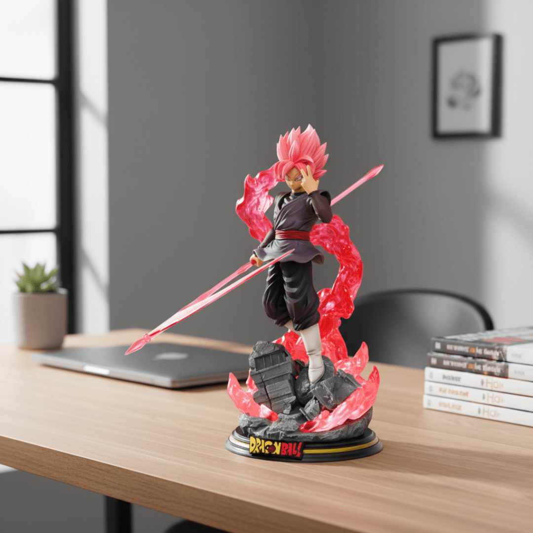 Goku Black Rose PVC figure displayed on desk – perfect Dragon Ball collectible for anime fans.