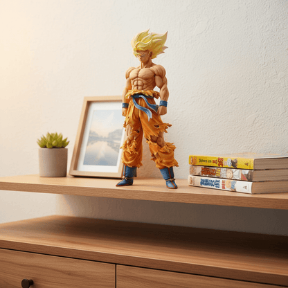 Goku Super Saiyan PVC statue displayed on a shelf – perfect for anime figure collectors.