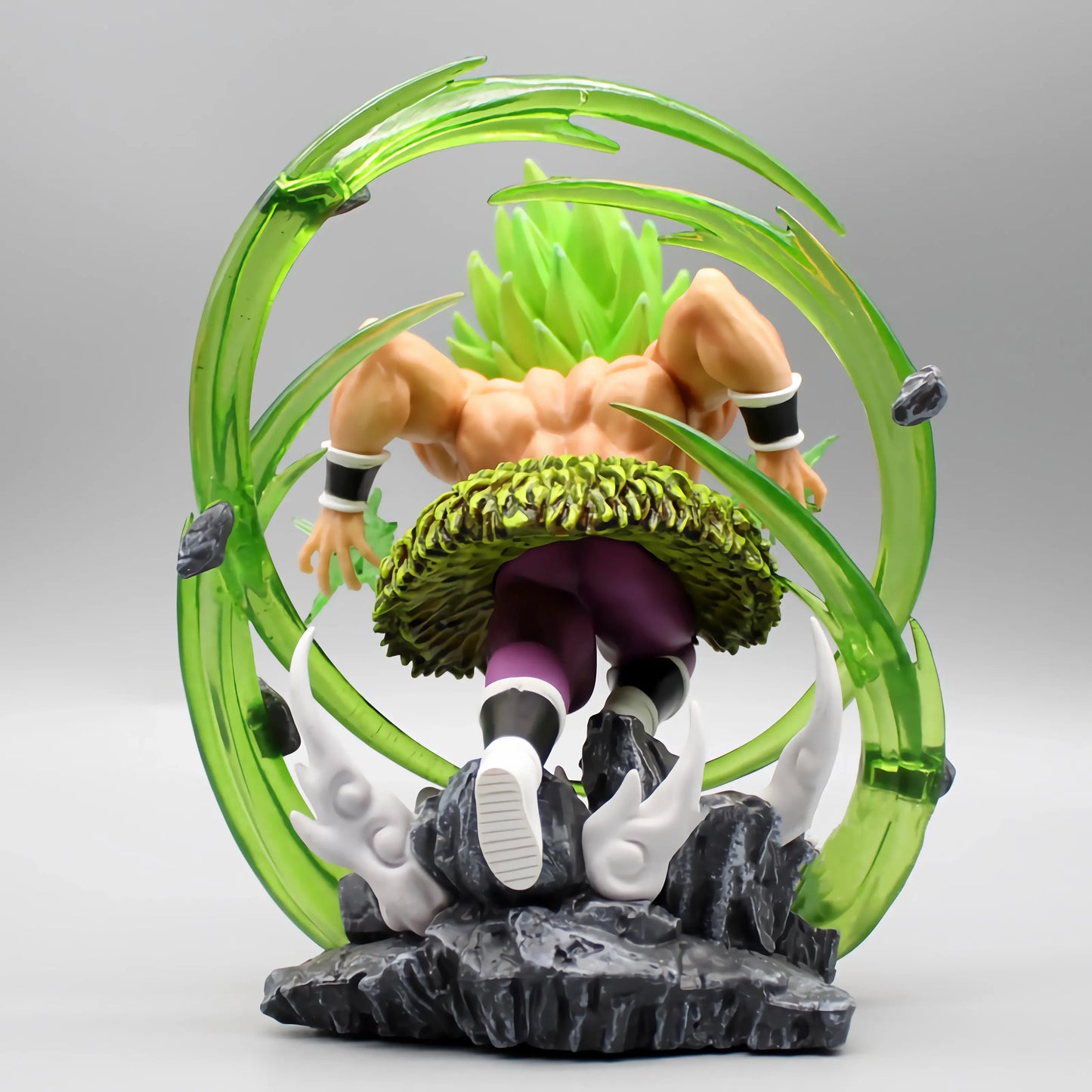 Rear angle of the Legendary Might Broly figure from Dragon Ball, showing the figure's dynamic pose and energy effects against a white background.