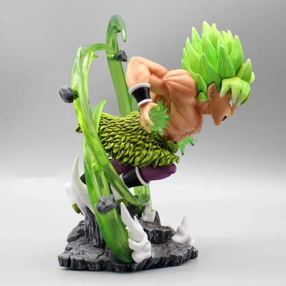 Side profile of Broly Dragon Ball figure with a focus on the energy rings and meticulous sculpting of his combat attire and musculature.