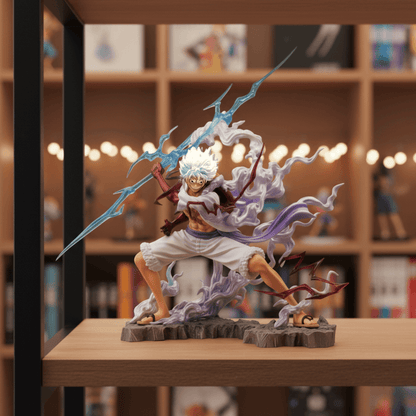 Luffy Gear 5 PVC figure displayed on shelf – premium One Piece collectible for anime fans.