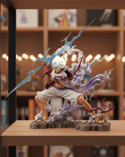 Luffy Gear 5 PVC figure displayed on shelf – premium One Piece collectible for anime fans.