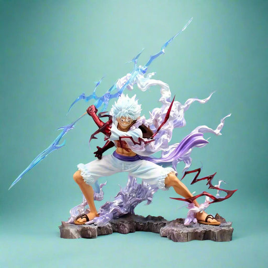Luffy Gear 5 anime figure with lightning effects – high-quality PVC statue in battle pose.