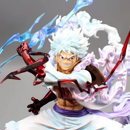 Luffy Gear 5 anime statue close-up – intense expression, dynamic pose, and sculpted energy aura.