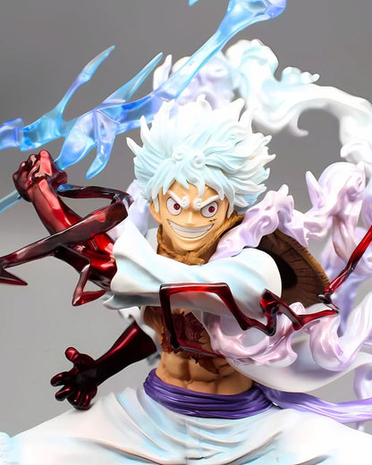 Luffy Gear 5 anime statue close-up – intense expression, dynamic pose, and sculpted energy aura.