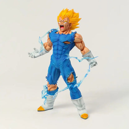 Fierce Majin Vegeta action figure from Dragon Ball Z, with Super Saiyan hair and electric blue energy effects crackling around his battle-torn blue suit, capturing the intensity of Vegeta's powerful transformation.