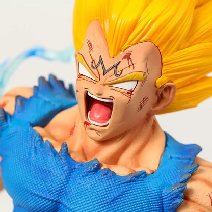 Close-up of a Majin Vegeta figurine from Dragon Ball Z, featuring a detailed facial expression full of intensity and rage, with vivid Super Saiyan yellow hair and the character's iconic M symbol on his forehead, set against a soft-focus background.
