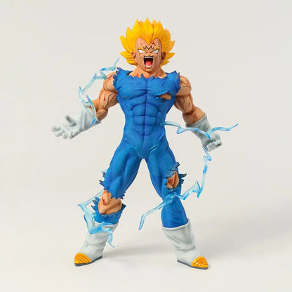 Majin Vegeta figure from Dragon Ball Z stands in a powerful pose, with golden Super Saiyan hair and a fierce expression, blue battle suit tattered, and electric blue aura crackling, conveying the intensity of his iconic final explosion.