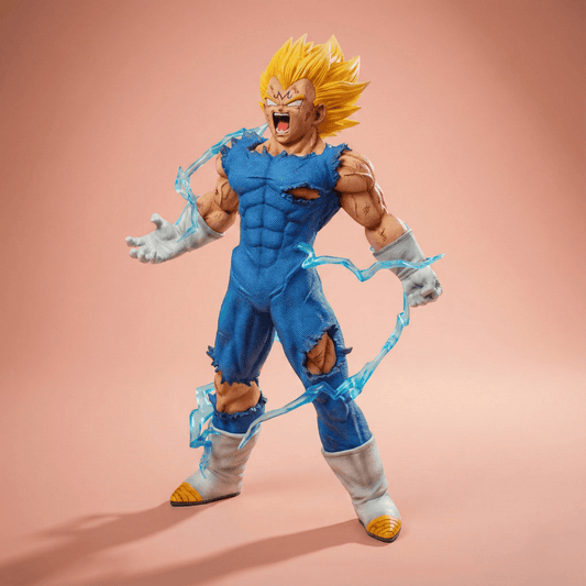 Majin Vegeta anime figure in rage pose – Dragon Ball Z PVC statue with lightning aura effects.