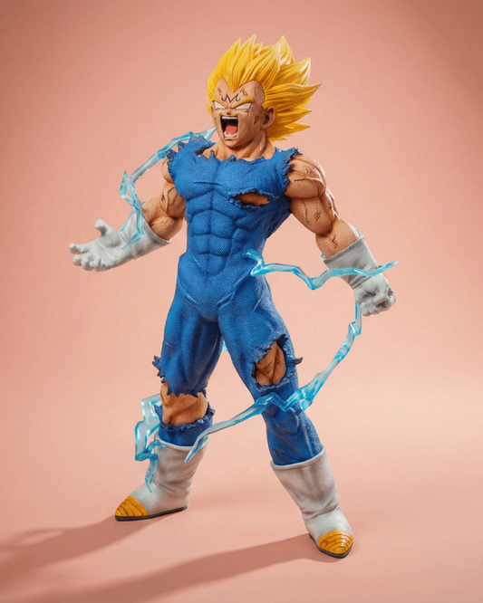 Majin Vegeta anime figure in rage pose – Dragon Ball Z PVC statue with lightning aura effects.