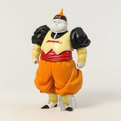 Android 19 figure from Dragon Ball, depicted with pale skin and red cheeks, wearing a Red Ribbon Army cap, a yellow vest over a white shirt, and orange pants."