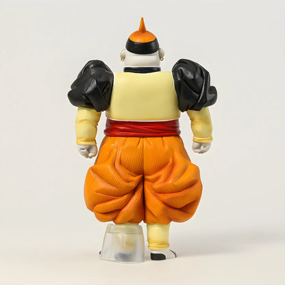 Rear view of the Android 19 figure from Dragon Ball, showcasing the detail of his white and yellow outfit and the back of his Red Ribbon Army cap.