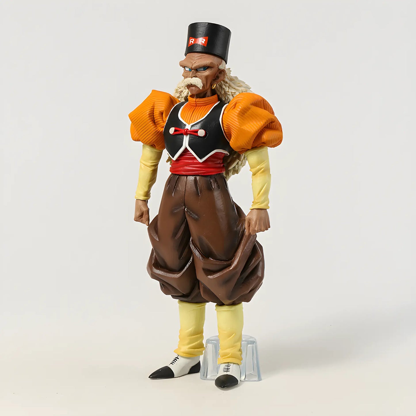 Android 20 from Dragon Ball as a collectible figure, posed with a serious expression, showcasing his detailed facial hair, earrings, and the Red Ribbon Army logo on his hat.