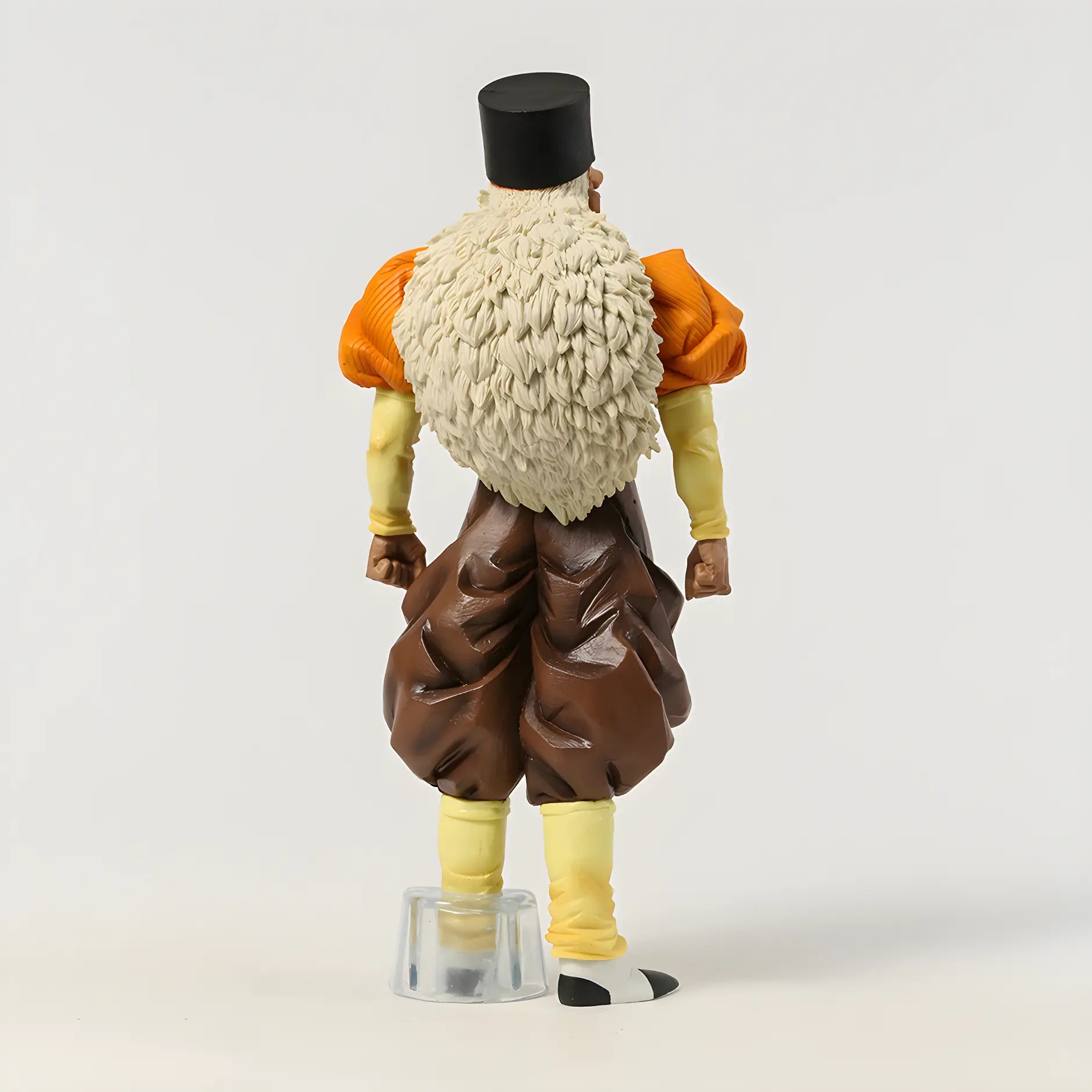 The back view of the Android 20 Dragon Ball figure, focusing on his flowing white hair and brown overalls with the Red Ribbon Army cap.