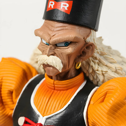 Close-up of the stern face of Android 20 from Dragon Ball, with intricate wrinkles, a white mustache, and a Red Ribbon Army cap.