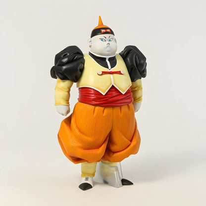 Frontal view of the Android 19 Dragon Ball figure, with his hands poised and a gentle expression under the trademark Red Ribbon Army cap.