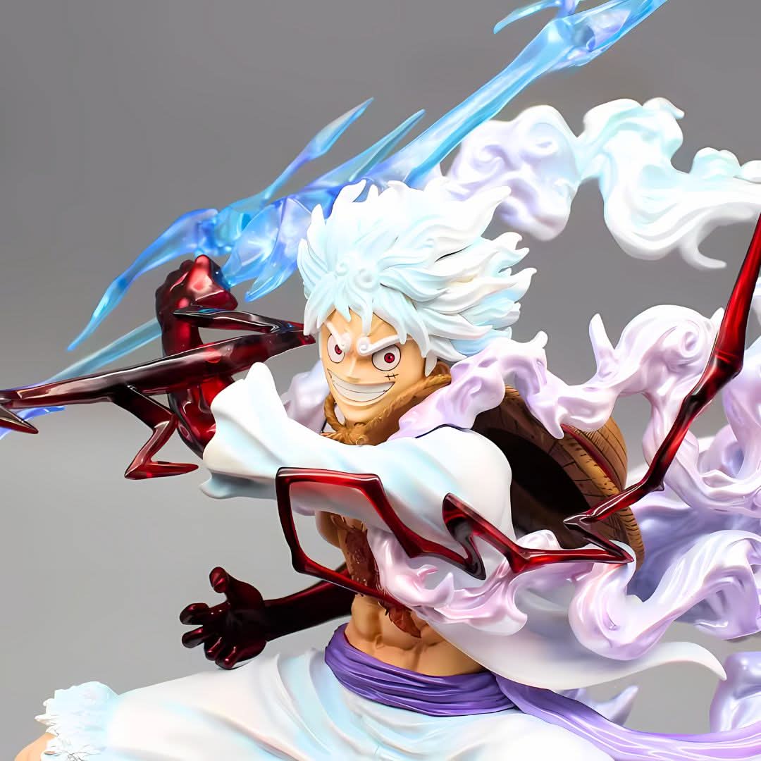 Overhead angle of Luffy Gear 5 anime figure – showcasing full scene base and action pose.