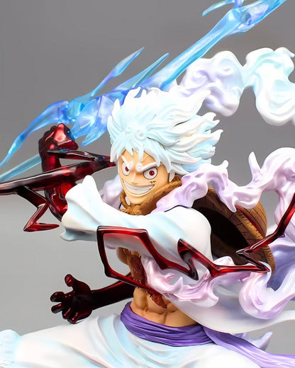 Overhead angle of Luffy Gear 5 anime figure – showcasing full scene base and action pose.