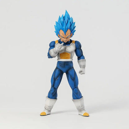 Single Vegeta figure in the Super Saiyan God Blue form, portrayed with striking blue hair and a determined expression, set against a plain white background.