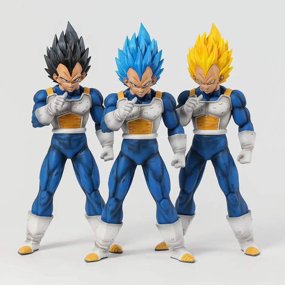 Three Vegeta figures from Dragon Ball, depicting the evolution of his Super Saiyan forms, positioned assertively with an imposing white background.