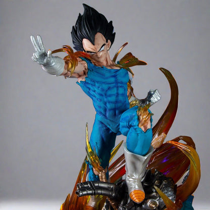A detailed scene from the Dragon Ball collectible series, featuring Vegeta in a determined pose with a battle-worn backdrop, showcasing meticulous craftsmanship.