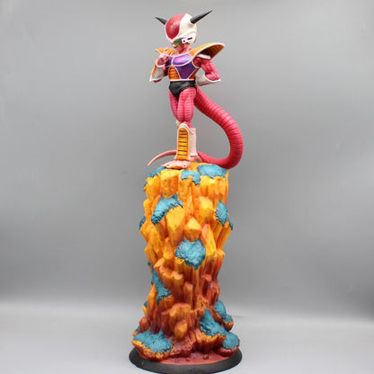 Side view of the Frieza Dragon Ball collectible, capturing the infamous villain's concentrated expression and iconic posture atop an eruptive rock base.
