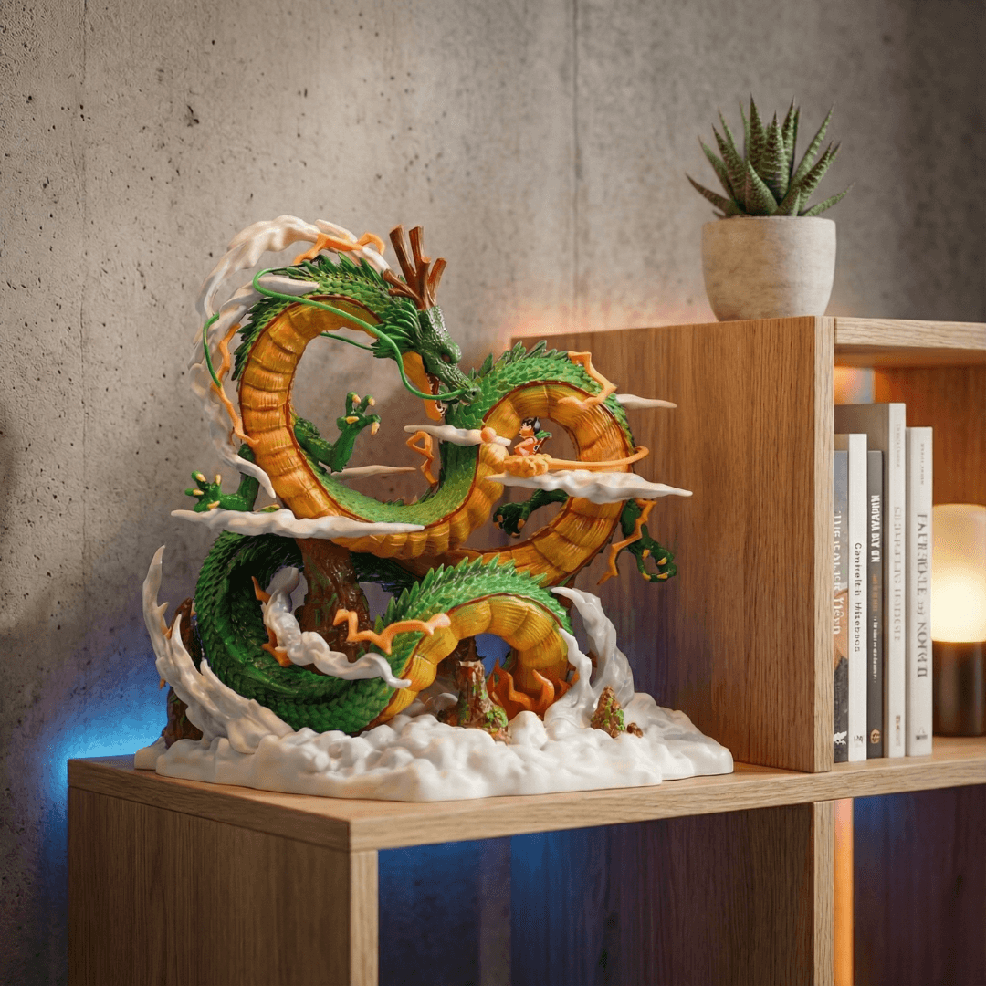 Shenron anime figure displayed on wooden shelf – ideal centerpiece for Dragon Ball fan collections.