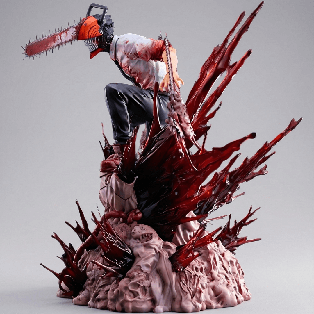 Side view of Chainsaw Man Denji statue – sculpted gore effects and sharp blade detail.