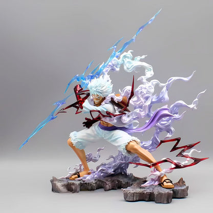 Side view of Luffy Gear 5 figure – showing sculpted motion effects and vivid coloring.