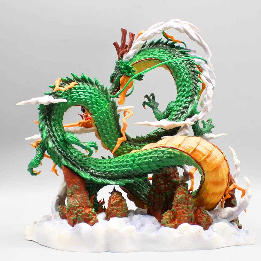 Top view of Shenron statue showing detailed coils and full Dragon Ball set on the base.